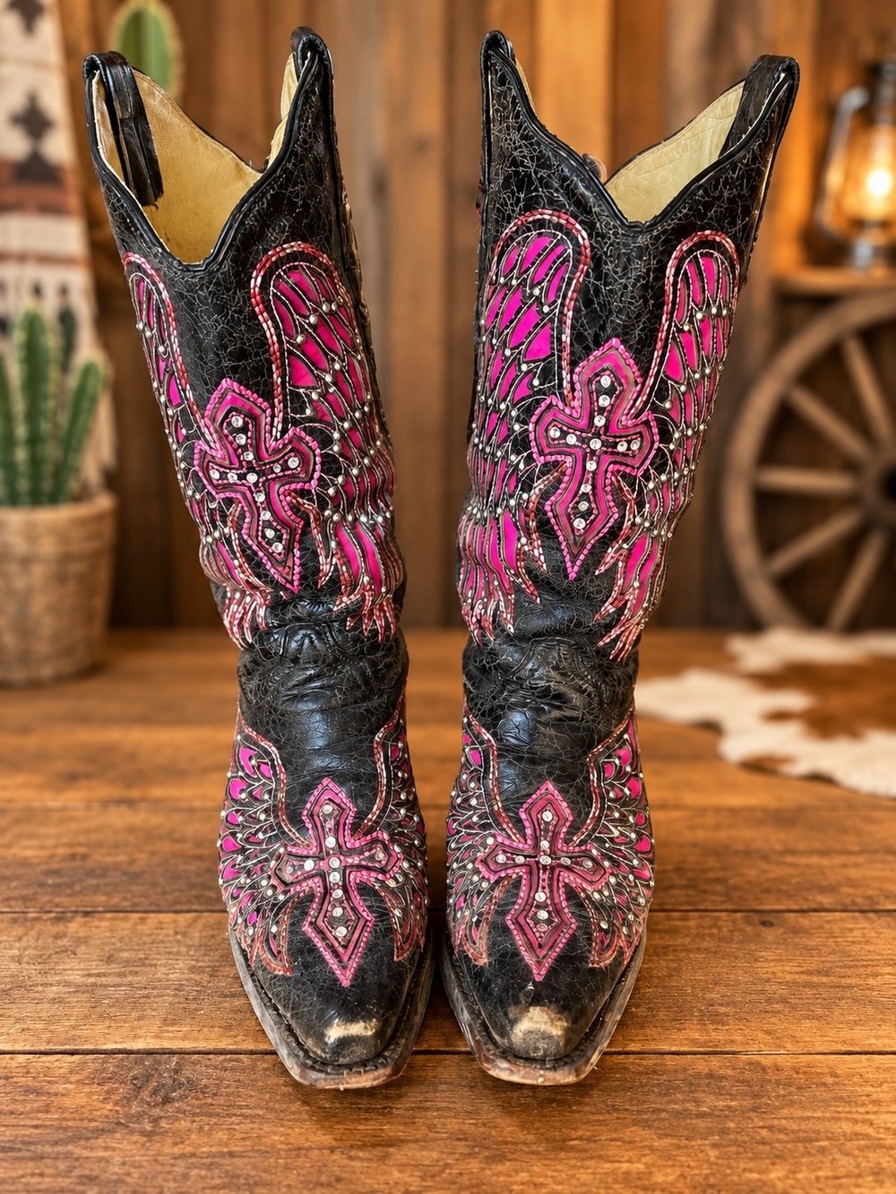 Corral Vintage Black & Pink Leather Winged Cross Studded Cowgirl Boots – Size 7
